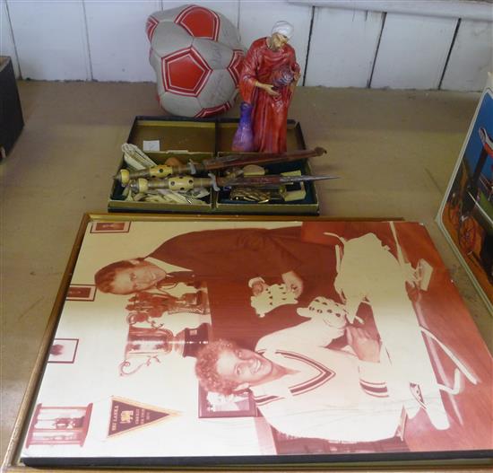 Box of mixed collectables, ceramic figure, signed leather football - Nottingham Forest